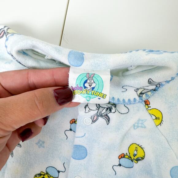 Vintage Baby Looney Tunes Tweety Bugs Bunny Footed Bodysuit Blue - 0-3 Months - Picture 4 of 8